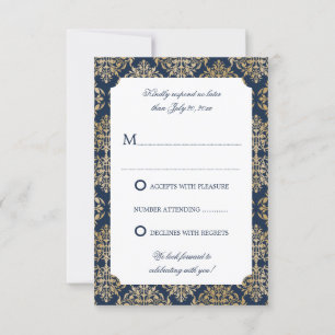 Elegante Gold-Verzierung Damast Marineblau RSVP Einladung