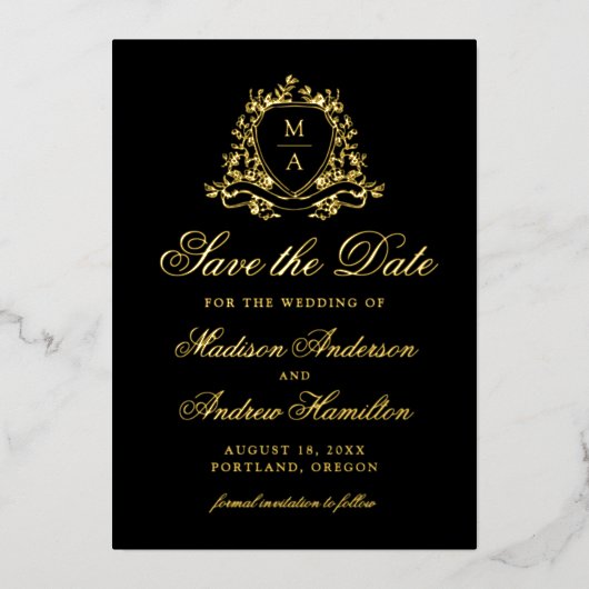 Elegante Gold Wappen Monogram Wedding Save the Dat Folieneinladung (Vorderseite)