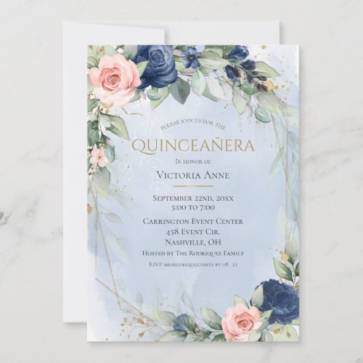Elegante Gold Watercolor Blue Pink Quinceñera Einladung (Vorderseite)