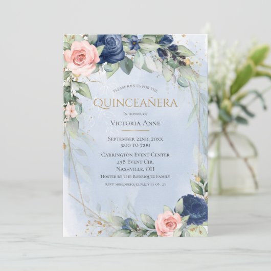 Elegante Gold Watercolor Blue Pink Quinceñera Einladung (Stehend Vorderseite)