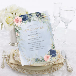 Elegante Gold Watercolor Blue Pink Quinceñera Einladung