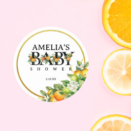 Elegante Gold Watercolor Citrus Baby Shower Sticke Runder Aufkleber