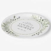 Elegante Gold Watercolor Grüne Paare Dusche Pappteller (Schrägansicht)