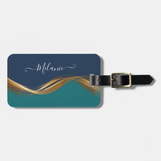 Elegante Gold Wave Blue Aquamarin Gepäckanhänger (Vorderseite horizontal)