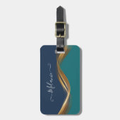Elegante Gold Wave Blue Aquamarin Gepäckanhänger (Vorderseite vertikal)