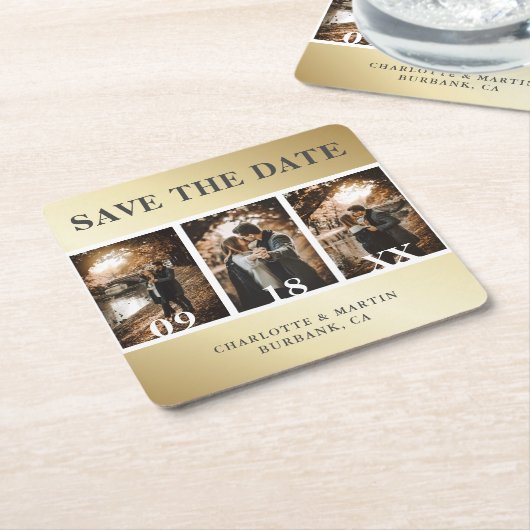 Elegante Gold Wedding Foto Collage Save the Date Rechteckiger Pappuntersetzer (angewinkelt)