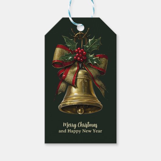 Elegante Gold Weihnachtsglocke mit festlicher Bow  Geschenkanhänger (Vorderseite)