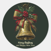 Elegante Gold Weihnachtsglocke mit festlicher Bow Runder Aufkleber (Vorderseite)
