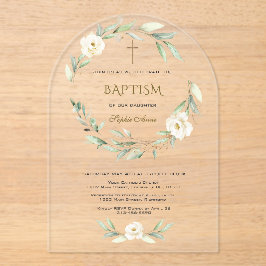 Elegante Gold Weiße Blumen Kreuz Taufe Acryleinladungen