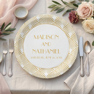 Elegante Gold Weiße Geometrische Art Deco Hochzeit Pappteller