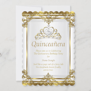 Elegante Gold Weiße Perlen Prinzessin Quinceanera Einladung