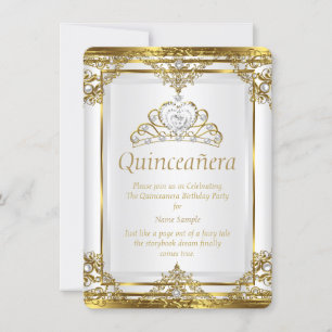 Elegante Gold Weiße Perlen Prinzessin Quinceanera Einladung