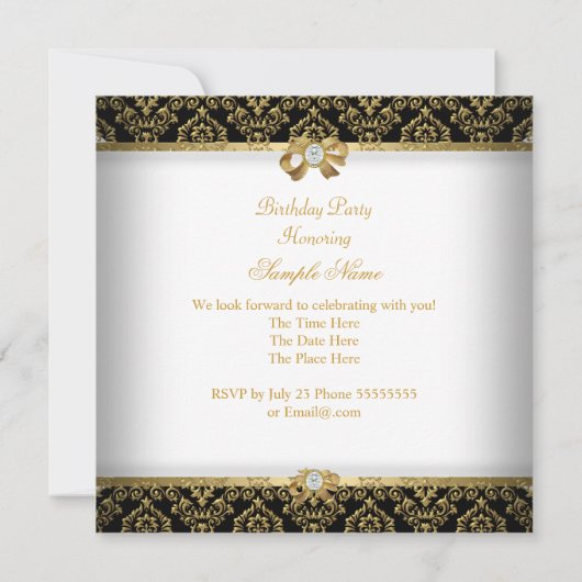 Elegante Gold White Diamond Black Birthday Party Einladung (Rückseite)