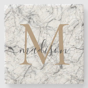 Elegante Gold White Marble Monogram Feminine Scrip Steinuntersetzer