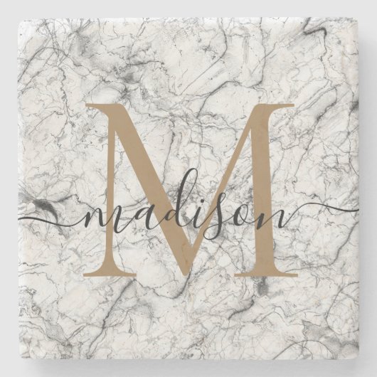 Elegante Gold White Marble Monogram Feminine Scrip Steinuntersetzer (Vorderseite)