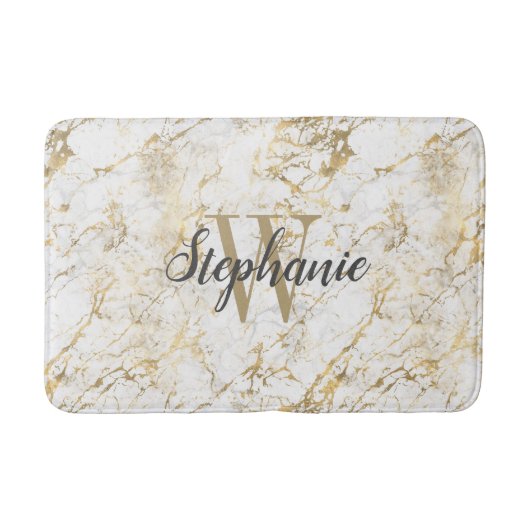 Elegante Gold White Marble Monogram Script Badematte (Vorderseite)