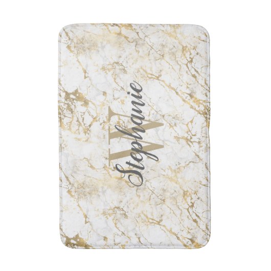 Elegante Gold White Marble Monogram Script Badematte (Vorderseite Vertikal)