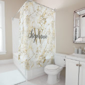 Elegante Gold White Marble Monogram Script Duschvorhang (Beispiel)