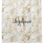 Elegante Gold White Marble Monogram Script Duschvorhang (Vorderseite)