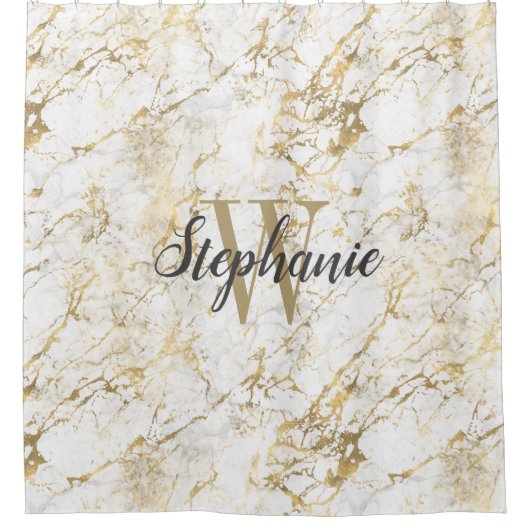 Elegante Gold White Marble Monogram Script Duschvorhang (Vorderseite)