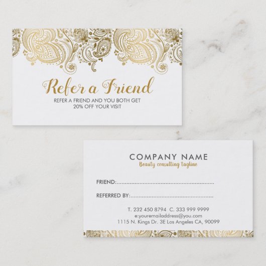 Elegante Gold & White Paisley Lace Beweiskarte Empfehlungskarte (Vorne/Hinten)