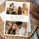 Elegante Gold White Script Foto Collage Hochzeit Save The Date<br><div class="desc">Elegante moderne minimale Gold-und weiße calligrapgy Skript 3 Foto Collage Hochzeit speichern das Datum Ankündigung Karte. Chic minimalistische Design-Vorlage verfügt über drei (3) Paar Foto Collage und elegante kursive Hand Schrift Typografie (oder Kalligrafie) Skript "Save the Date" Text in Gold auf weißem Hintergrund. Wenn Sie Hilfe oder passende Artikel benötigen,...</div>