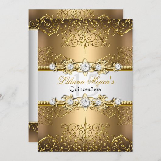 Elegante Gold White Vintag Glamour Quinceanera Einladung (Vorne/Hinten)
