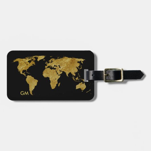 Elegante Gold World Map Custom Monogram Gepäckanhänger (Vorderseite horizontal)