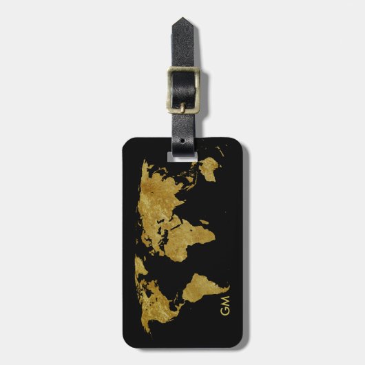 Elegante Gold World Map Custom Monogram Gepäckanhänger (Vorderseite vertikal)