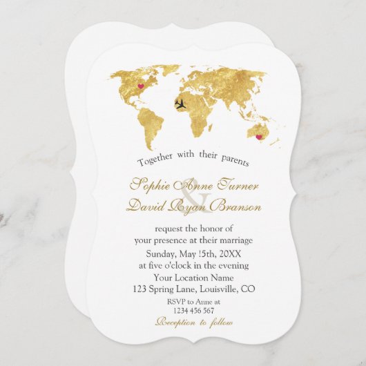 Elegante Gold World Map Hochzeit in Urlaubsort Einladung (Vorne/Hinten)