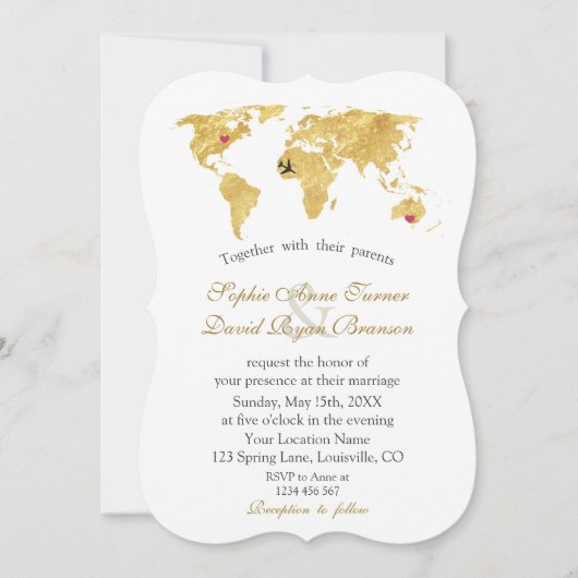 Elegante Gold World Map Hochzeit in Urlaubsort Einladung (Vorderseite)
