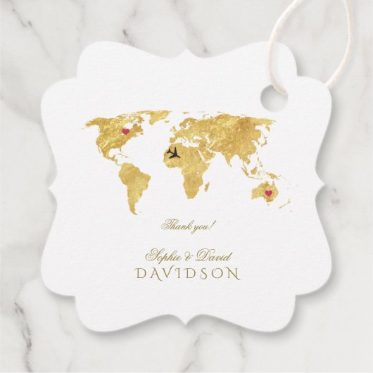 Elegante Gold World Map Hochzeit in Urlaubsort Geschenkanhänger (Rückseite)
