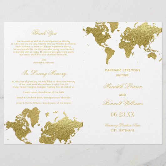 Elegante Gold World Map Hochzeitsprogramme (Vorderseite)