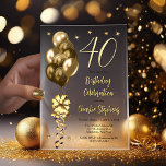 Elegante Goldballons auf dem 40. Geburtstagsschwar Pergament Einladungen<br><div class="desc">Elegante Imitate Glitzer goldfarbene Ballons mit großen Bogen und Raster und Akzent Stars "40" 40. Geburtstag Party-Feier Einladung.</div>