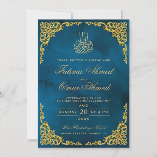 Elegante Goldbrasse Blaue islamische Hochzeit Einladung (Vorderseite)