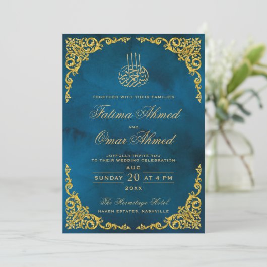 Elegante Goldbrasse Blaue islamische Hochzeit Einladung (Stehend Vorderseite)