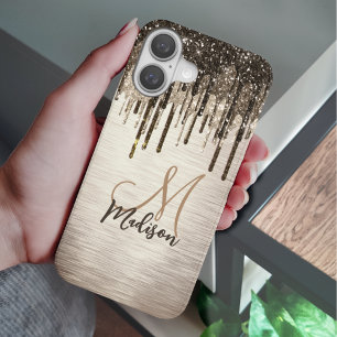 Elegante goldbraune Tropfen Glitzer Monogramm Case