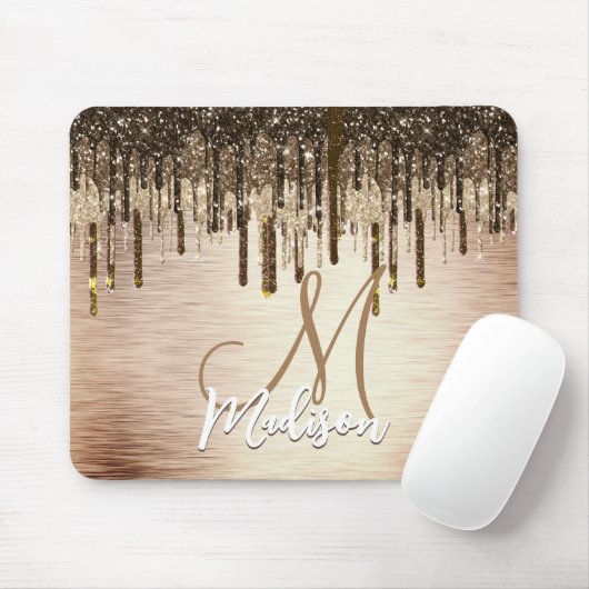 Elegante goldbraune Tropfen Glitzer Monogramm Mousepad (Mit Mouse)