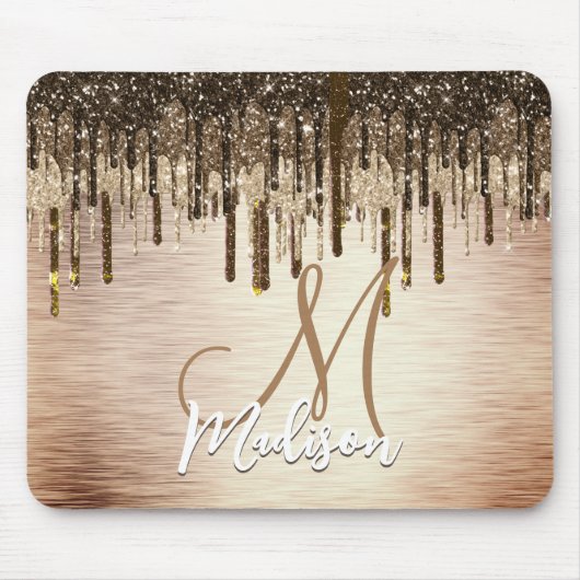 Elegante goldbraune Tropfen Glitzer Monogramm Mousepad (Vorne)