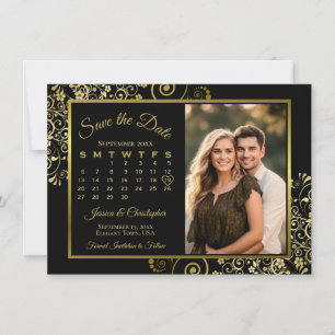 Elegante Goldcurls auf Black Calendar Foto Hochzei Save The Date