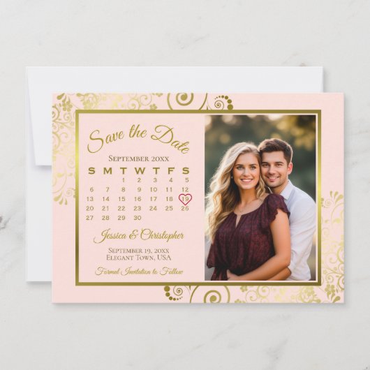 Elegante Goldcurls auf Rosa Foto Hochzeit Save The Date (Vorderseite)