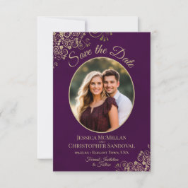 Elegante Goldcurls Oval Foto Plum Lila Hochzeit Save The Date