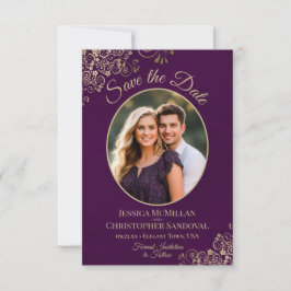 Elegante Goldcurls Oval Foto Plum Lila Hochzeit Save The Date