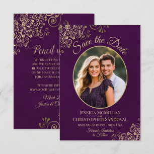 Elegante Goldcurls Oval Foto Plum Lila Hochzeit Save The Date
