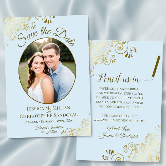 Elegante Goldcurls Oval Foto Powder Blue Wedding Save The Date