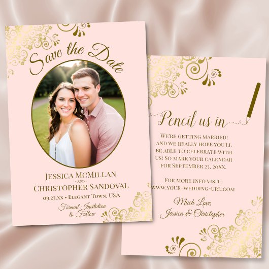 Elegante Goldcurls Oval Foto Rosa Hochzeit Save The Date