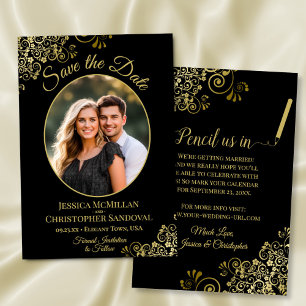 Elegante Goldcurls Oval Foto Schwarze Hochzeit Save The Date