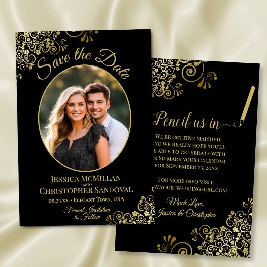 Elegante Goldcurls Oval Foto Schwarze Hochzeit Save The Date