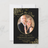 Elegante Goldcurls Oval Foto Schwarze Hochzeit Save The Date (Vorderseite)