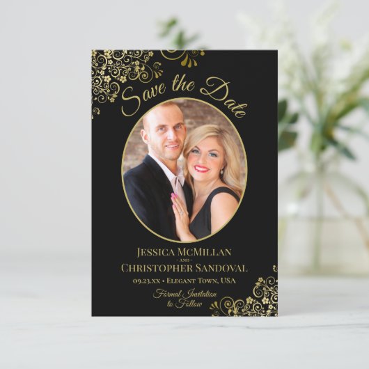 Elegante Goldcurls Oval Foto Schwarze Hochzeit Save The Date (Stehend Vorderseite)
